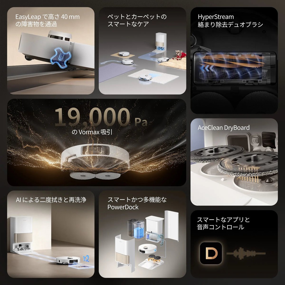 L40s Pro Ultra の主な機能(4cm段差・ペット・絡まり除去ブラシ・19,000Pa・AI回避・全自動ドック)