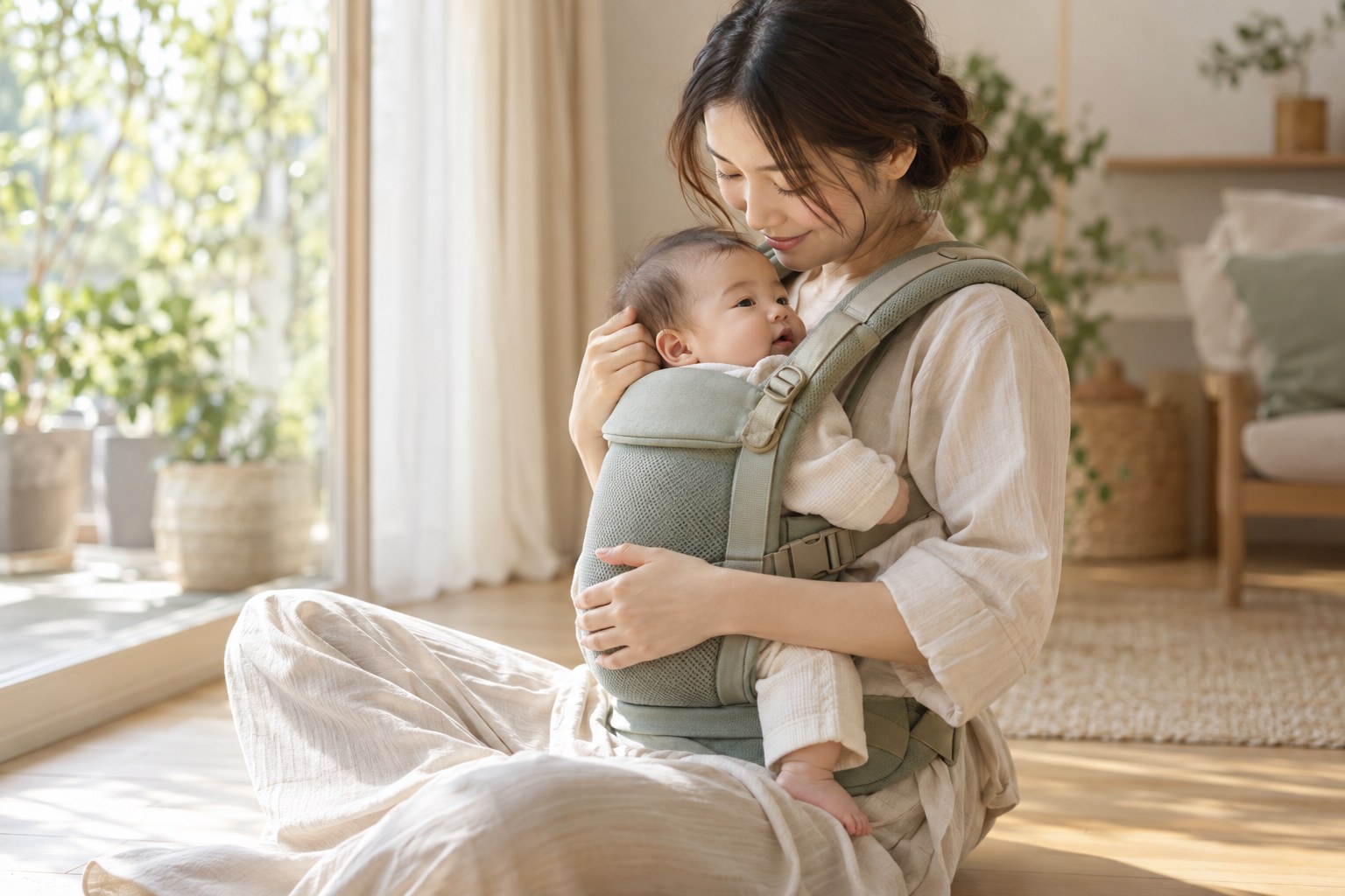 肩ベルト付きの抱っこひもで赤ちゃんを抱く母親