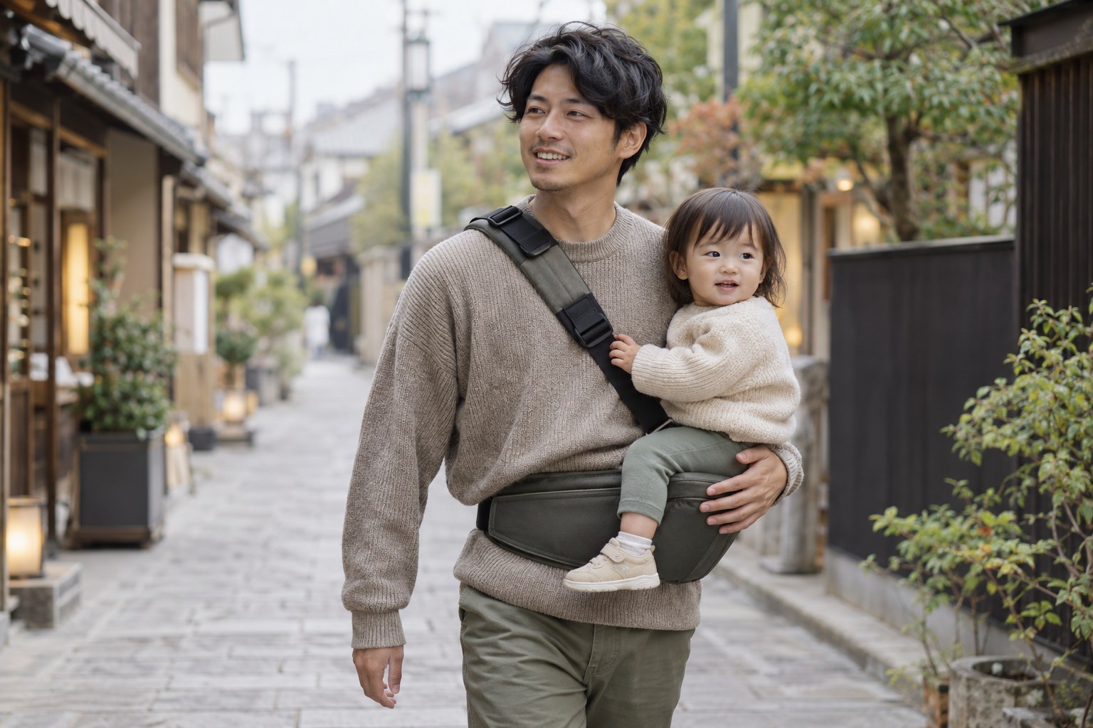 ヒップシートで子どもを抱っこして商店街を歩く父親