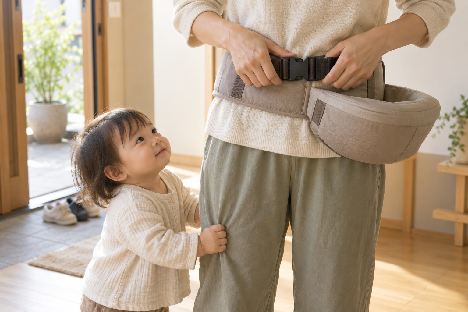 子どもを下ろした状態でヒップシートの腰ベルトを留める様子
