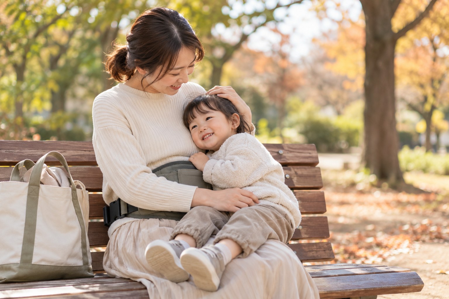 公園のベンチで子どもを膝に乗せて休む母親
