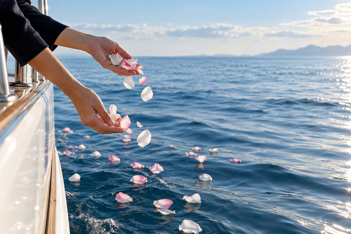 小型クルーザーから花びらを海へ送る様子